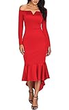 Happy Sailed Women Off Shoulder High Low Bodycon Cocktail Party Knee Lengh Dresses, Large Red