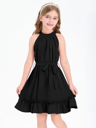 Halomoning Girl's Dress Sleeveless Simple Classic Casual Knee Length for Children Summer Princess Party Wedding Tie Waist A-Line