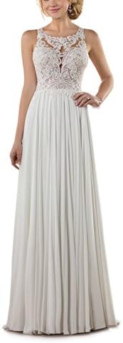MythLove Women's A-Line Soft Chiffon Lace Bodice Button Back Fashion Simple Beach Wedding Dress White 10
