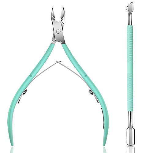 Cuticle Nipper with Cuticle Pusher - Ejiubas Green Cuticle Trimmer Stainless Steel Cuticle Clipper Cutter Nail Cuticle Remover Tools for Fingernails and Toenails