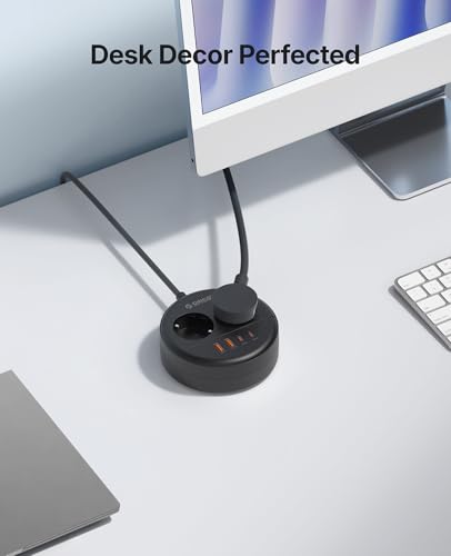ORICO Round USB C Sockets, Multiplug 2500W with 2 AC Outlets, 2 USB-A and 2 USB-C 20W, 1.5 m Cable, Wall Mount with Screws (Save Space), for Office and Home, Black OSP