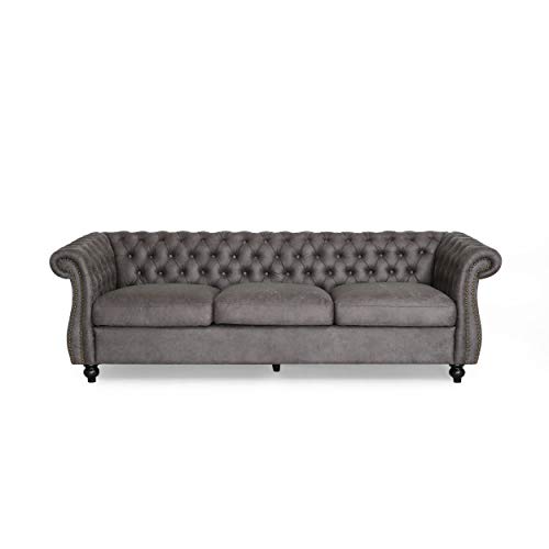 Great Deal Furniture Vita Chesterfield Tufted Microfiber Sofa with Scroll Arms, Slate Pricepulse