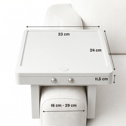 Chelo Sofa Armrest Tray - Rigid Side Table with Built-in Storage for Smartphone, Remote Control & Drink - Fits 16-29 cm Armrest - Non-Slip, White