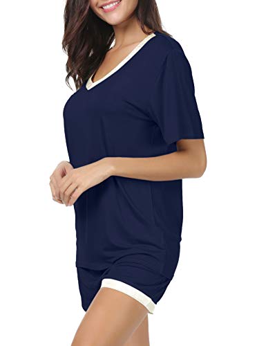 Invug Women Short Sleeve T Shirt and Shorts Pajamas Sleepwear Set Loungewear Navy L - Thumbnail 4