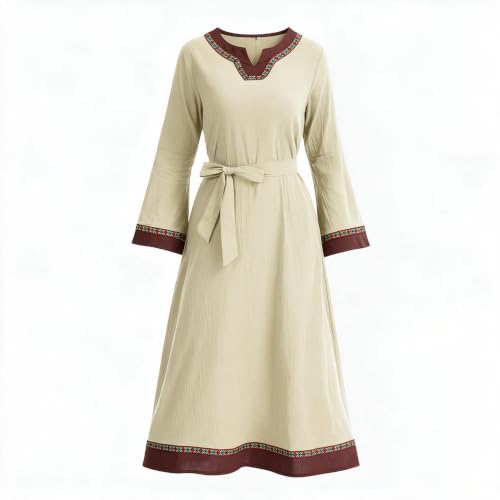 Prebene Women's Medieval Viking Dress, Renaissance Peasant Costume with Belt Linen Blend Maxi Gown for Halloween Cosplay (Beige, S) at Amazon
