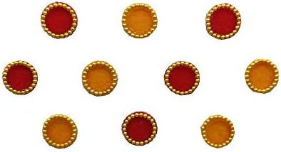 Comet Busters Red and Yellow Round With Gold Beads Border Bindi For Women (6 mm) (BIN128)