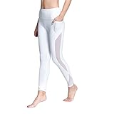 Chikool Women Mesh Yoga Pants Leggings Workout Gym Pants Red and White Yoga Leggings with Phone Pocket Ninth Pants