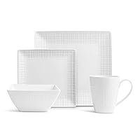 32 Pc. Square Mesh Porcelain Dishes Set - White Dinner Plates, Bowls, Coffee Cups