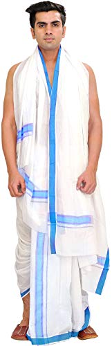 Exotic India White Dhoti and Angavastram Set with Woven Border - Color French Blue - Thumbnail 3