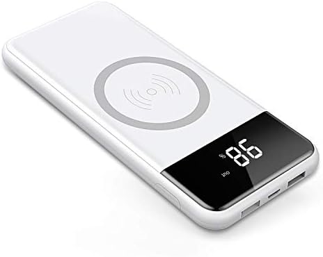 Qi Wireless Power Bank 10000mAh Portable Charger Dual 2A Input (USB C & Micro) External Battery with LCD Display for all Qi enabled devices - iPhone X, iPhone 8, Samsung Galaxy S9/S8/S7 Note 8 (White)
