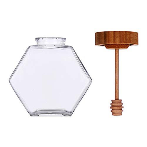 Liitrton Hexagon Shape Honey Pot Jar with Dipper HeatResistant Glass