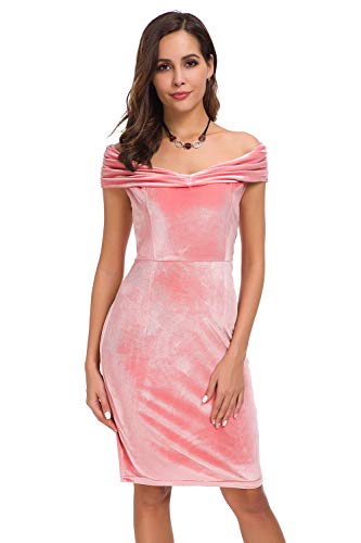 Womens Vintage Off Shoulder Shawl Velvet Bodycon Dresses Sexy Midi Slim Fit Dress for Party Cocktail Formal Evening Wedding Gowns Pink - Thumbnail 2