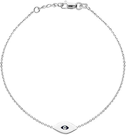 14K White Gold Evil Eye Bracelet. Adjustable Diamond Cut Cable Chain 7" to 7.50"
