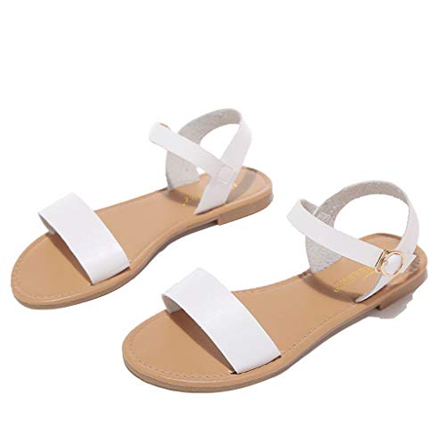 Women's Soft Faux Leather Open Toe and Fashion Ankle Strap Buckle Flat Sandals Comfortable Sandals Shoes White