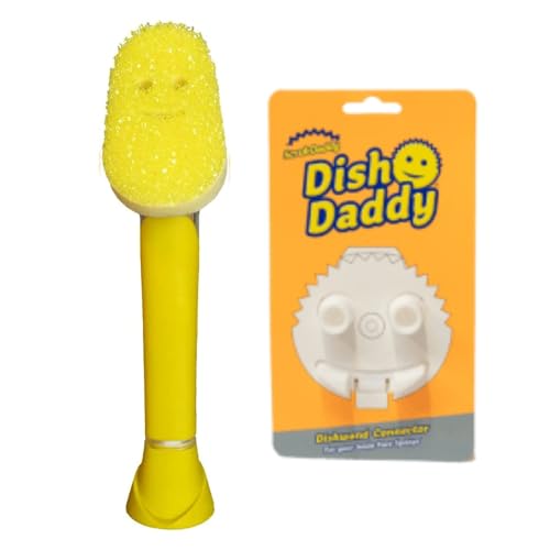Dish Daddy - Varita y Cabezal Conector, Cepillo dispensador de jabón, Esponja de Lavado Que Cambia de Textura con Mango líquido, Esponja para Platos con raspador Integrado, Cabezal de