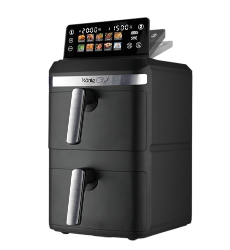 XXL 12.4L Stacked Dual Basket KönigChef Double Drawer Vertical Family Air Fryer, 2800W, FRY FORCE 360°, 10 Presets, Match & Sync, LED Touch Display - ZHAF-968A