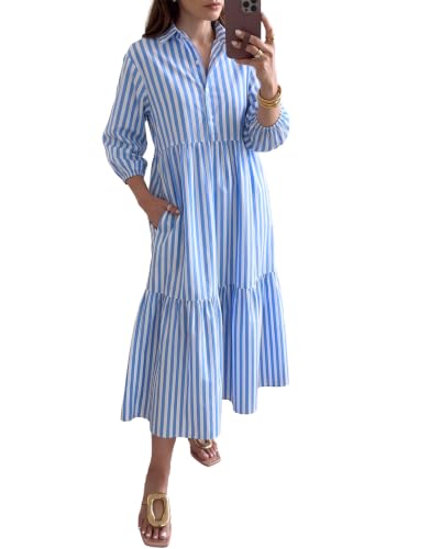 Women Button Down Midi Shirt Dress 3/4 Sleeve Tiered Collared Dresses with Pockets Blue at Amazon