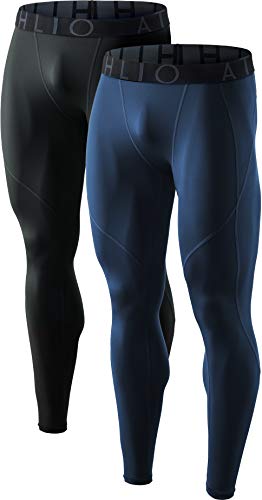 ATHLIO Men's Cool Dry Compression Pants Active Sports Baselayer (Pack of 2), 2pack(blp05) - Black/ Navy, Large