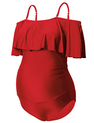 Maternity Bikinis Tankini Off Shoulder Flouncing Swimsuit One Piece Beachwear Red XL
