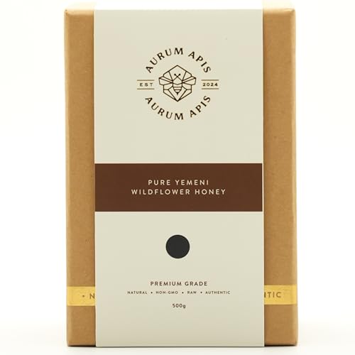 Aurum Apis Yemeni Wildflower Honey, 100% Raw Natural Sweetner Unadultrated Unfiltered, Pure Floral Sourced Hand Harvested Organic Honey, Non-GMO, Rich Nutrients & Energy Source – 500g Honey Jar