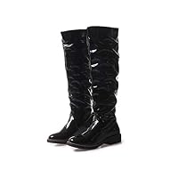 Hoxekle Woman Knee High Boots Low Heel Patent Leather Winter Boots Square Heel Pleated Boots Fashion Ladies Long Boots Black