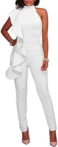 Solid Ruffle Strapless Jumpsuit -Milliwin Women Sexy High Waist Clubwear Long Pants Rompers White L