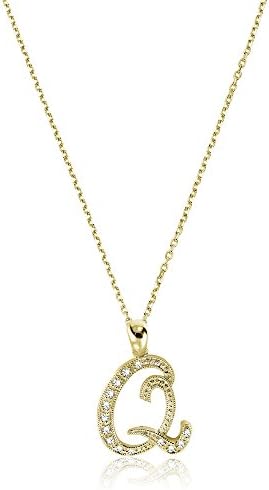 14K Gold and Diamond Initial letter Q Pendant charm (0.05TDW, G-H Color, I1 Clarity) 15MM with 18" Solid cable chain (yellow-gold)
