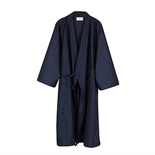100% Cotton Kimono Robe Wrap Men Bathrobe Dressing Gown Pajamas Yukata Nightdress Loose Comfy Sleepwear Bath Wrap Spa Swim Cover up Home Casual Wear with Pocket Waist Belt Navy Blue