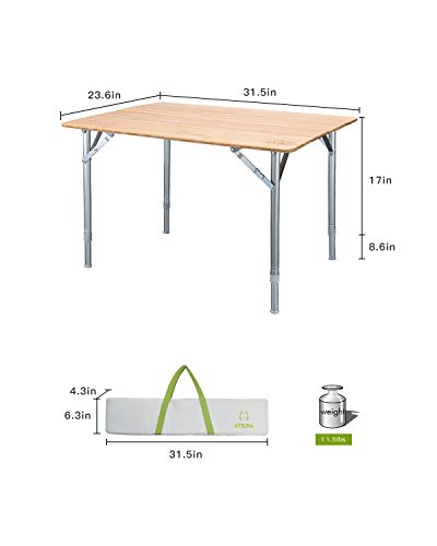 ATEPA Folding Camping Table,Bamboo Portable Outdoor Picnic Table, Foldable Height Adjustable Legs Camp Table,31.5 Ã— 23.6Ã— 17-25.6 Inches,11.5lbs