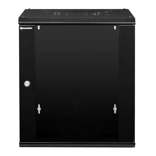 RackPath 12U Wall Mount Network Rack Cabinet – Quiet Cooling Fan, Locking Glass Door, 17.7" Deep (450mm), Removable Locking Side Panels, Fits 19" IT & A/V Equipment