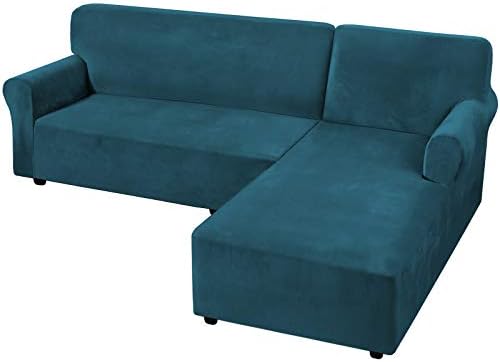 リッチベルベットストレッチ 2ピース L字型ソファーカバー 滑り止め セクションソファースリップカバー ストラップ付き 底部 高級 厚手 ディープティール ベルベット コーナー 早割クーポン 2人掛け ソファーカバー Lサイズ 右椅子