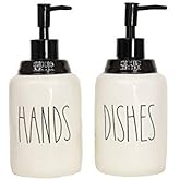 Cam n Honey Modern Farmhouse Ceramic Dishes and Hands Soap Dispenser Set for Kitchen | Stainless Steel Pumps | 14oz, White Bottles | Kitchen Décor for Counter