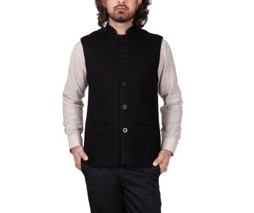 dhrohar men's woolen solid black nehru waistcoat
