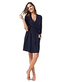 SIORO Cotton Robes Lightweight Kimono Robe Gowns Soft Knit Bathrobe Nightwear V-Neck Loungewear Sexy Sleepwear Short for Women Navy M