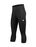 Baleaf Women's 3/4 Length Compression Tights Running Capris with Hidden Pocket Black Size XS