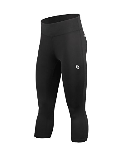 Baleaf Women's 3/4 Length Compression Pants Running Capris with Hidden Pocket Black Size XS