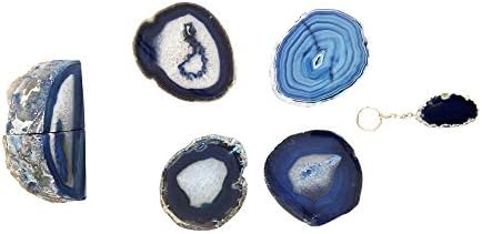 Natural Brazilian Agate Stone Coasters, Bookends and Wind Chimes Set, Incl 4 Large Coasters 4"-5", 1 Pair of Bookends 2-3 lbs and Wind Chimes, Free Microfiber Polishing Cloth and 2 Mugs (blue)