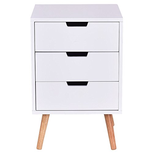 Apontus White Side End Table Nightstand w/3 Drawers Mid-Century Accent Wood Furniture