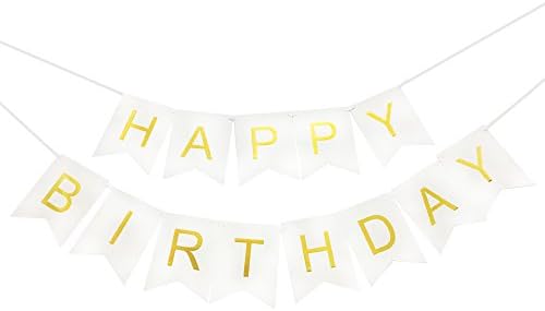White Happy Birthday Bunting Banner with Shimmering Gold Letters, Garland Sign For Birthday Party Supplies, birthday decorations.