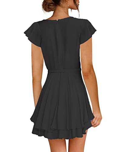 FLYBONY WOMENS SHORT SLEEVE V NECK BLACK COCKTAIL DRESS TIE WAIST RUFFLE MINI SWING SKATER DRESSES