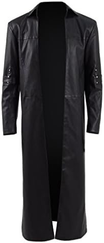 KY Household Mens Black Gothic Trench Coat PU Leather Slim Fit Outwear Long Jacket Overcoat (Black, X-Large)