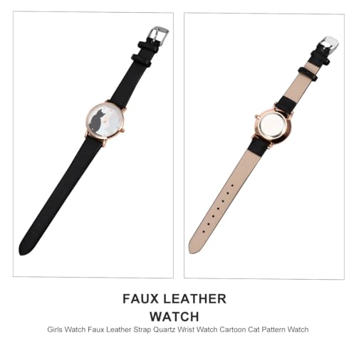 TEHAUX TEHAUX Girls Watch with Leather Strap, Cute Cartoon Cat Pattern Wrist Watch, Easy to Read, Ideal for Girls, Ladies (Black)