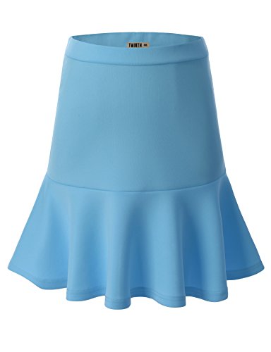 Doublju Women Casual Solid Color Strechy Fit Skater Skirt SKYBLUE,L