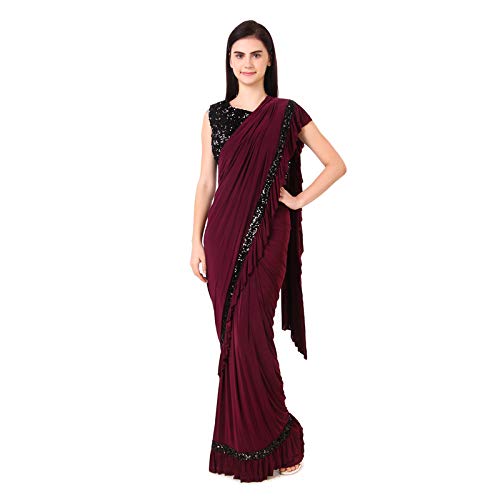 PRASUNA ENTERPRISES Fashion Womens Lycra Ready Pallu Saree with Attach Blouse Piece (Wine)