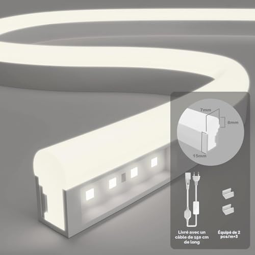 KSIBNW LED Neon Strip 50 m Cool White, 220 V Flexible IP65, 120 LEDs/M, Flexible Rope for Indoor Outdoor Decoration (AC Adapter Included)