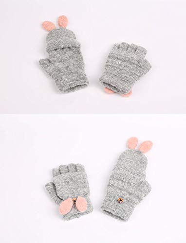 Unisex Kids Glove,Wool Knitted Convertible Flip Top Gloves Mittens with Mitten Cover Winter Warm Half Finger (Grey)