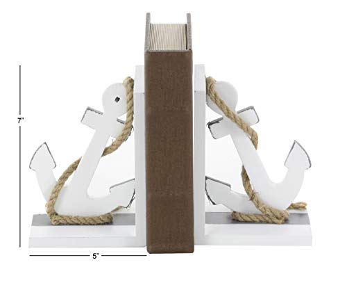 Deco 79 98863 Pair of Wooden Anchor Bookends with Rope Accents, White/Black/Brown