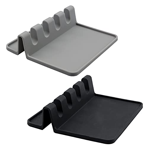 2 PCS Silicone Heat Utensil Rest with Drip Pad for Multiple Utensils, BPA-Free Spoon Holder and Utensil Rest for Stove Top, Grill Kitchen Utensil Holder for Spatulas, Tongs, Ladles (Gray & Black)