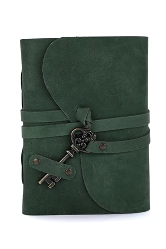Fausta Vintage Leather Journal with Key for Men & Women, 240 Pages, 8"x 6", Handmade Writing Notebook | Deckle Edge Cotton Paper 150 GSM | Hunter Green Travel Diary, Sketchbook | Unique Gift Idea