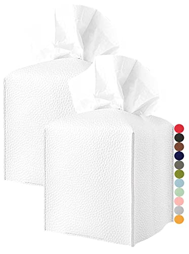 White Tissue Box Cover 2 Pack – [JESMINI, White] Modern PU Leather Tissues Cube Box Cover for Bathroom/Night Stands/Office Desk/Dining Table & Car, 5x5x5